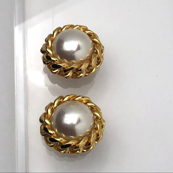 VTG CHRISTIAN DIOR FAUX PEARL CHAIN LINK EARRINGS - Picture 6 of 12
